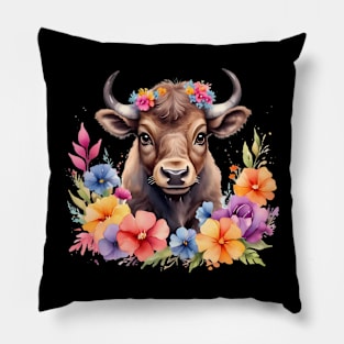 A bull decorated with beautiful watercolor flowers Pillow