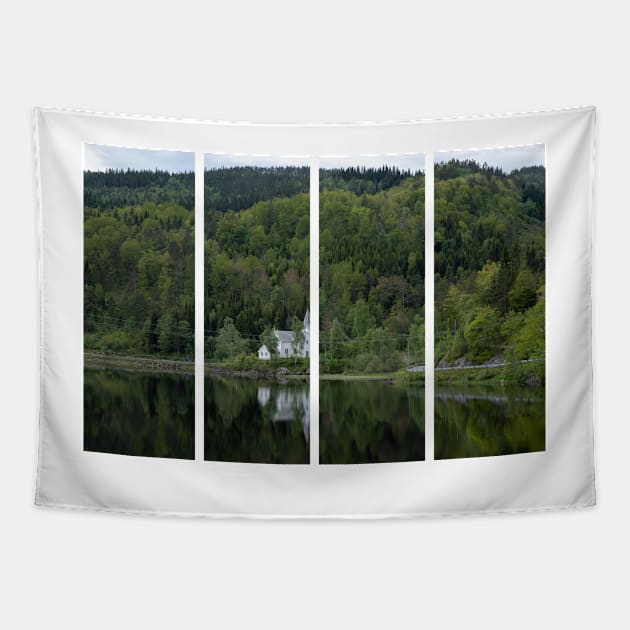 Wonderful landscapes in Norway. Vest-Agder. Beautiful scenery of whtite Gyland church reflecting in the lake. Mountains, road and trees in the background Tapestry by fabbroni-art