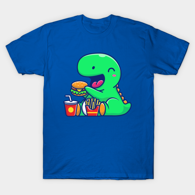 Discover Cute Dinosaur Eating Burger, French Fries And Drink Cartoon - Dinosaur - T-Shirt