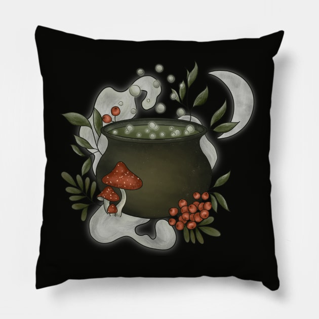 Magic Cauldron with Rowan Potion Pillow by paintingbetweenbooks