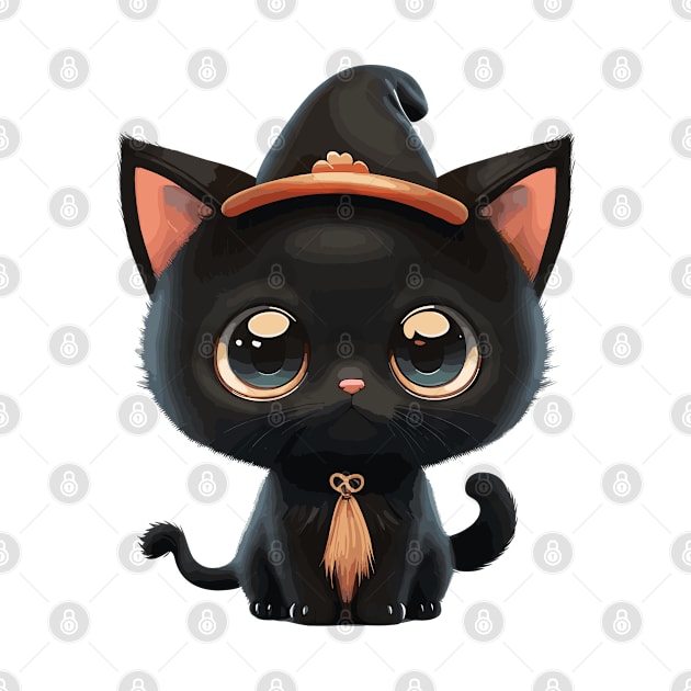 Cute black Halloween kitty in a hat by RosaliArt