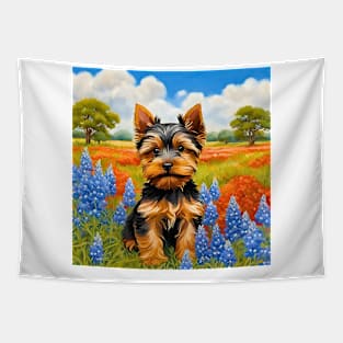 Yorkshire Terrier Puppy in Texas Wildflower Field Tapestry