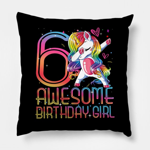 6th Birthday Girl 6 Years Old Awesome Unicorn Dabbing Bday Pillow by The Design Catalyst