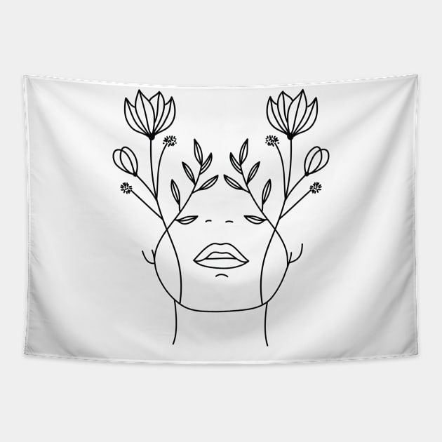 Flower Face Lady Tapestry by MinimalLineARt