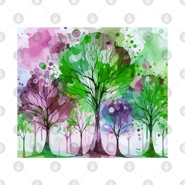 Colorful Green Coral Pink Abstract Trees by Siha Arts