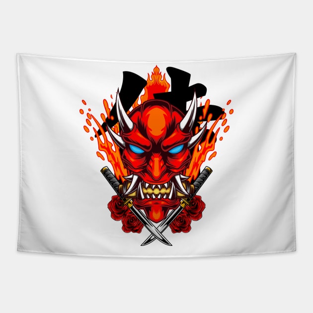 Oni Mask Illustration 01 Tapestry by Harrisaputra