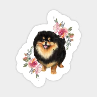 Cute Black Pomeranian Dog with Flowers Watercolor Art Magnet