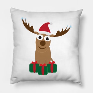 Cute Cartoon Deer with Santa Hat and Green Red Gifts Pillow