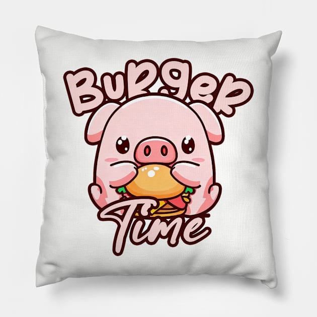 Cute Kawaii Pig Its Time for a Burger Pillow by Patternora