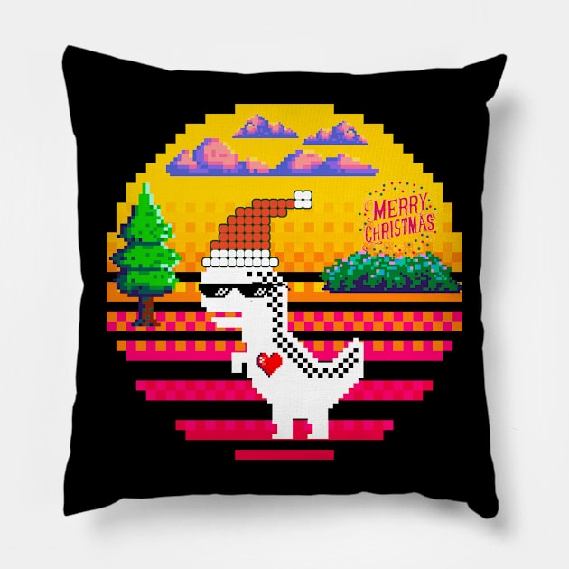 Dinosaur Santa Chrismas Pixel  Art Pillow by Darunyaa