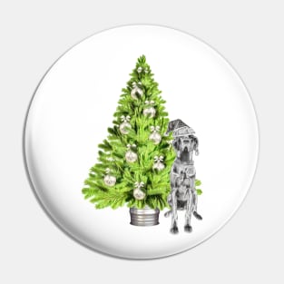 Great Dane Christmas Scene with Christmas tree and Santa hat. Pin