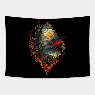 The Dragon's Rage - Diamond Frame - Stained Glass - Fantasy Tapestry