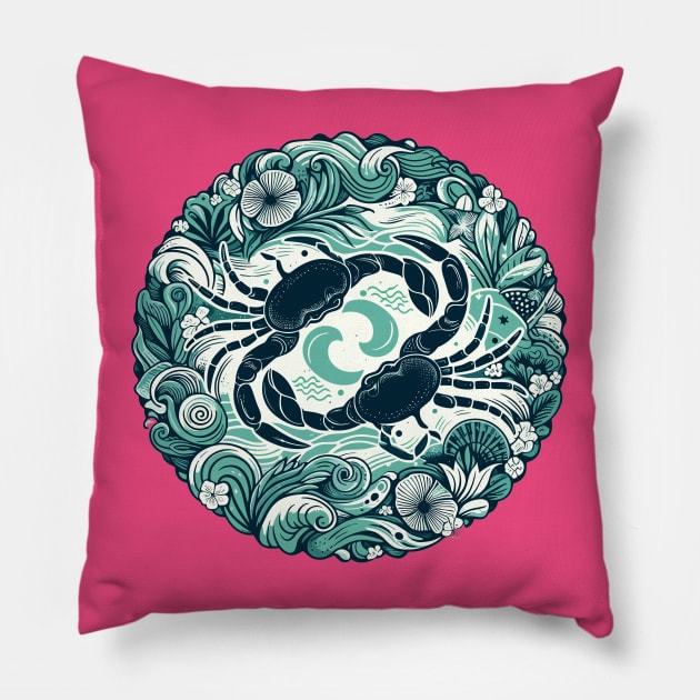 "Cancerian Serenity: Celestial Waves"- Zodiac Horoscope Star Signs Pillow by stickercuffs