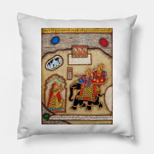 Phad painting, Indian folk art, watercolor painting Pillow