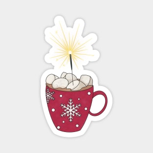 Hot coco in a Christmas mug with marshmallows and a sparkler Magnet