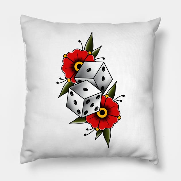 Traditional tattoo dices with flowers Pillow by Smurnov