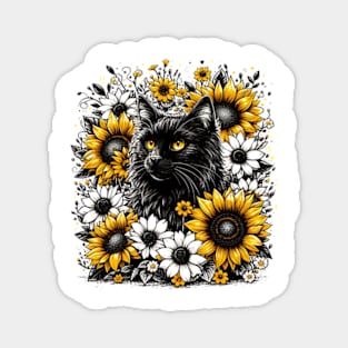 black cat encircled by white and yellow flowers Magnet