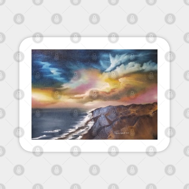 cliff diving, beach scene, skyscape, seascape, expressionistic art, painting, oil painting on canvas, coastal decor, beach house Magnet by roxanegabriel