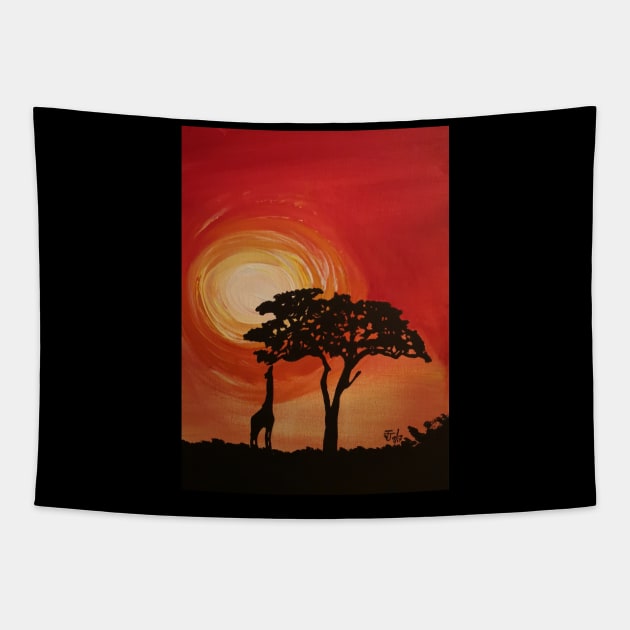 Giraffe silhouette at sunset Tapestry by JackieJames
