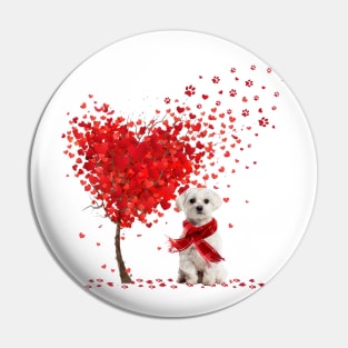 Happy Valentine's Day Heart Tree Love White Maltese Pin