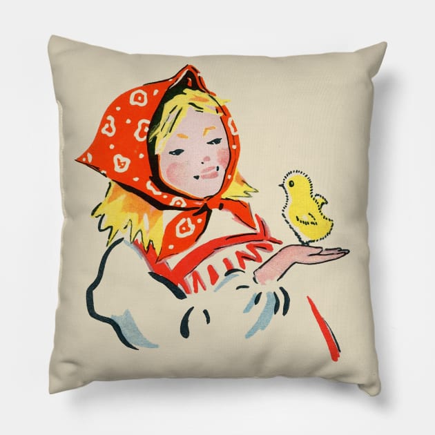 Cute Vintage Mid Century Russian Girl Soviet Illustration Design Pillow by DankFutura