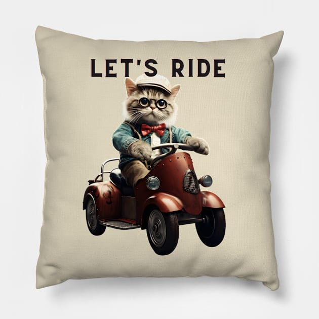 Let's Ride Retro Cat Design | Vintage Cat Lover Pillow by KittyStampedeCo