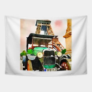 Antique Car with Eiffel Tower Tapestry