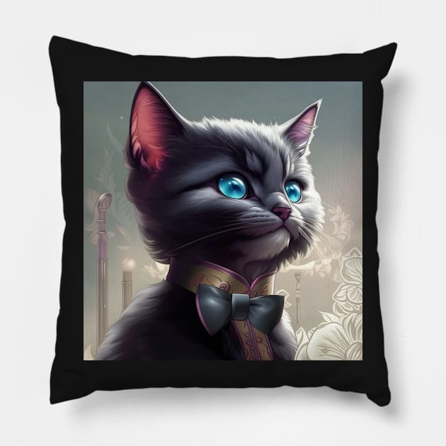 Elegant Grey and White Cat With a Black Bow Tie | White and grey cat with blue eyes | Digital art Sticker Pillow by withdiamonds