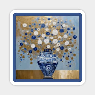 Blue Gold and White Abstract Flowers in a Blue and White Vase After Klimt Magnet