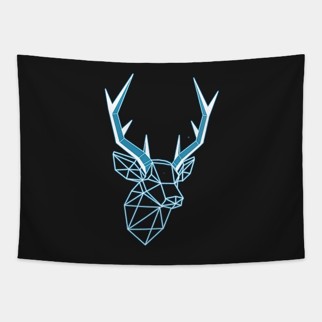 Geometric Blue Light line Stag Low-poly Head Tapestry by Roosiff