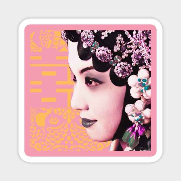 Chinese Opera Star Orange with Blush Pink Double Happiness Symbol- Hong Kong Retro Magnet by CRAFTY BITCH