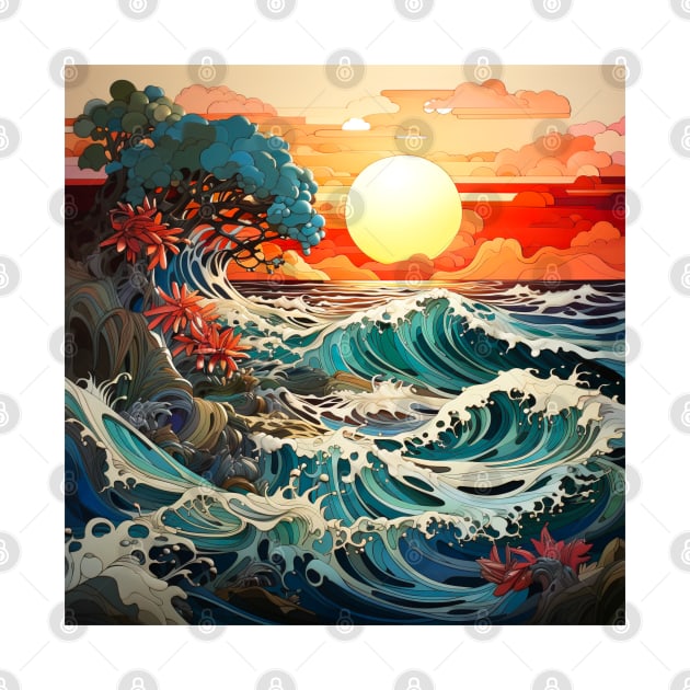 Waves ocean sunset by Wolf Cove Creations