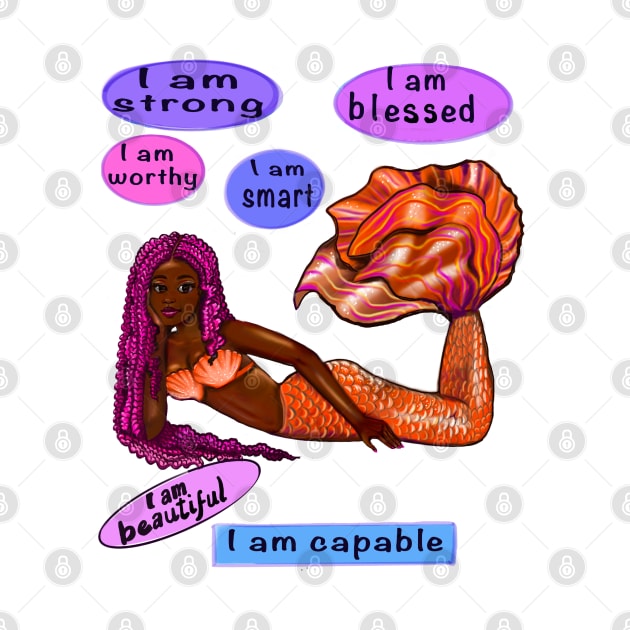 African American mermaid with pink Afro hair braids motivational affirmations inspirational by Artonmytee