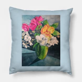 Vase of multicoloured roses in watercolour Pillow