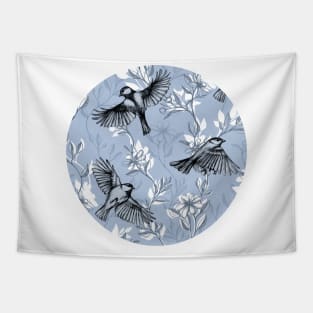 Flowers and Flight in Monochrome Blue Purple Tapestry