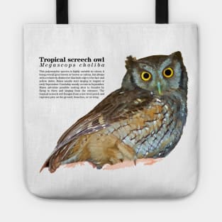 tropical screech owl under a roof black text Tote