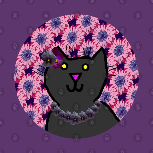 Violet Floral Cat Portrait by ellenhenryart