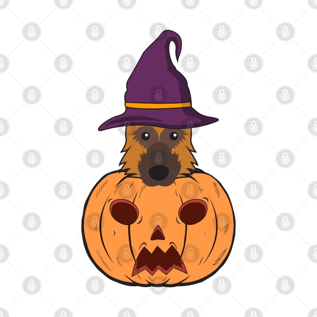Halloween German Shepherds With Witch Hat Stuck In A Pumpkin Head. by Candaria
