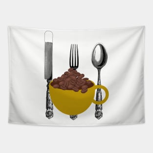 Coffee. Cup Of Beans. Knife, Fork, Spoon Retro Collage Graphic Tapestry