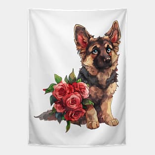 Valentine German Shepherd Dog Giving Flowers Tapestry