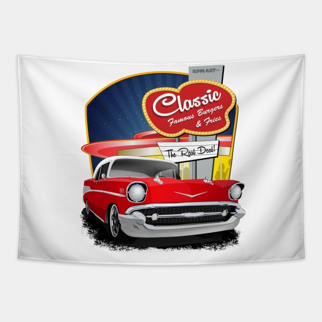 1957 Red and White Drive In Chevy Bel Air Tapestry by RPM-ART