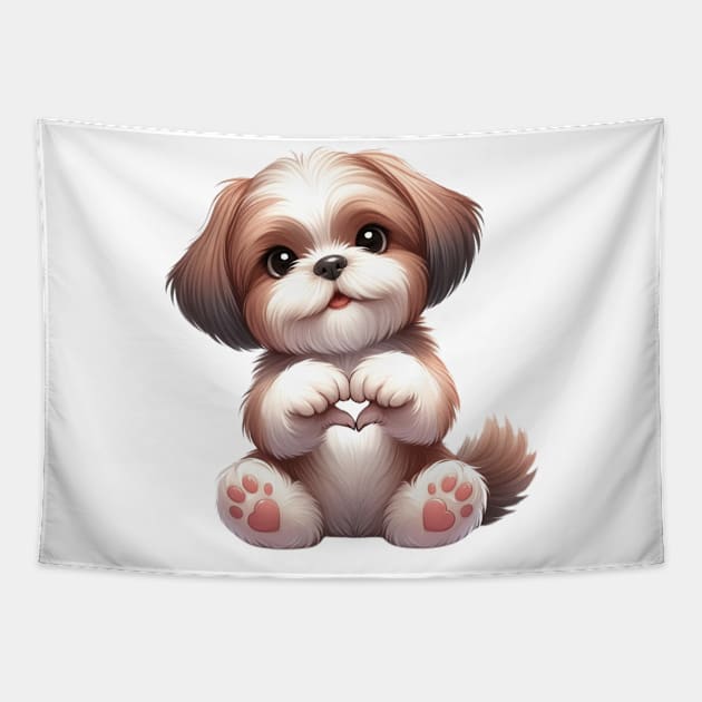 Valentine Shih Tzu Dog Giving Heart Hand Sign Tapestry by Chromatic Fusion Studio