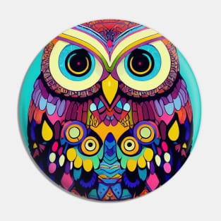 Colorful Owl Portrait Illustration - Bright Vibrant Colors Bohemian Style Feathers Psychedelic Bird Animal Rainbow Colored Art Pin