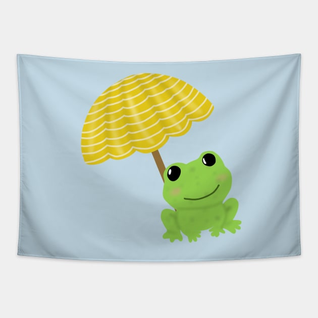 Frog under beach umbrella Tapestry by Becky-Marie