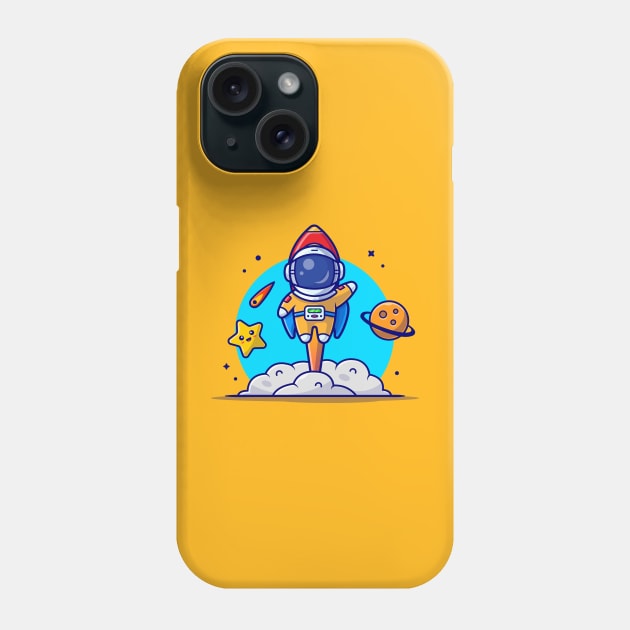 Cute Astronaut Launch with Rocket Cartoon Vector Icon Illustration Phone Case by Catalyst Labs