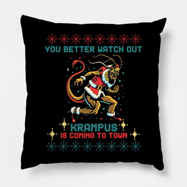 Krampus is coming to town Funny Xmas Ugly 8 bit Retro Gamer Pillow by WearablePSA