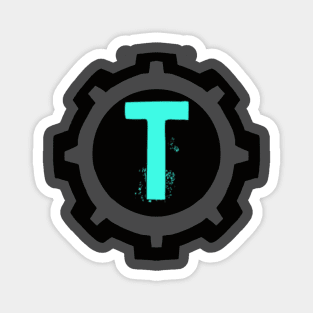 Ice Blue Letter T in a Black Industrial Cog Magnet