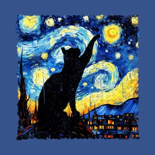 Classic Cat Van Gogh  Starry Night Cat Retro Cat Paws T-Shirt