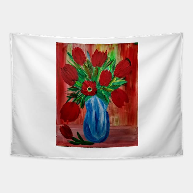 A burst of color and positive energy came to life in this painting. Some tulips in vase Tapestry by kkartwork