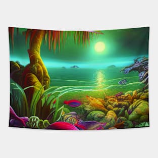 Landscape Painting with Tropical Colorful Plants and Lake, Scenery Nature Tapestry